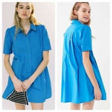 UO Michaela Babydoll Mini Dress Pleated Button Urban Outfitter Blue Shirt New S