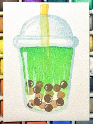 ACEO Watercolor Original - Green Tea Boba Latte - Matcha Bubble Tea Art Card