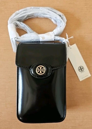 NEW WITH TAGS Tory Burch ROBINSON SPAZZOLATO Black Phone Leather Crossbody Bag.