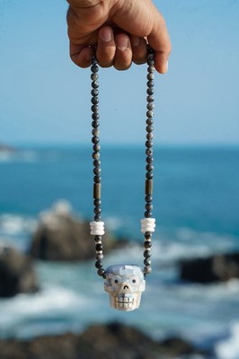 Handcrafted Skull Pendant mother pearl  Beaded Necklace black obsidian Stone