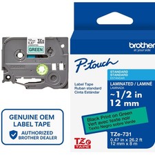 Genuine Brother TZe-731 Black on Green 12mm 1/2" P-Touch Label Tape