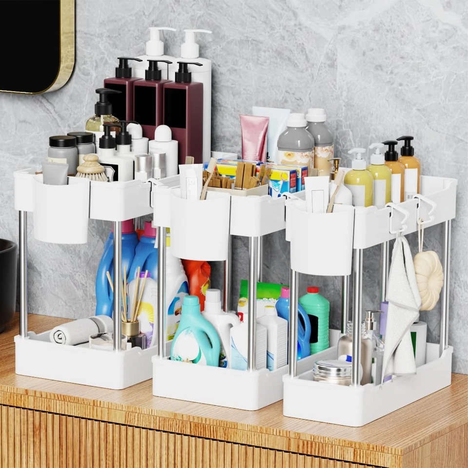 Paquete de 3 organizadores y almacenamiento debajo del fregadero, organizador de gabinete de baño de 2 niveles nuevo Foto 3 de 4