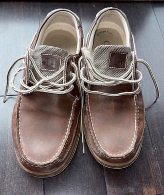 Chaps Men s Brown Leather 3-Lace Up Slip On Boat Loafer Shoes (10.5W)