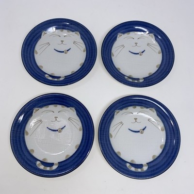 4 Pack Blue Round Porcelain 6.25 inch Plate Bowl Maneki Neko Cat Made in Japan