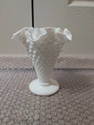 Vintage FENTON Hand Made Hobnail Style Milk Glass 5 3/4" Vase Ruffled Top