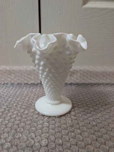 Vintage FENTON Hand Made Hobnail Style Milk Glass 5 3/4" Vase Ruffled Top
