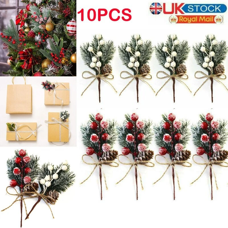 10X Fake Snow Frost Pine Branch Cone Berry Holly Xmas Tree Christmas Ornament UK - Image 3 of 4