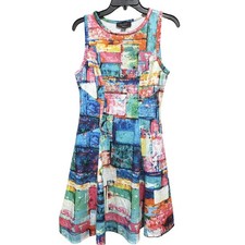 Karen Kane Dress Women Large Blue Pink Sleeveless Fit Flare Abstract Print USA