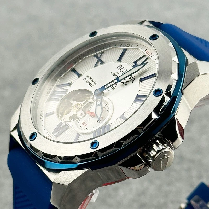 Reloj automático para hombre Bulova Marine Star 98A225 esfera blanca correa de goma azul Foto 3 de 4