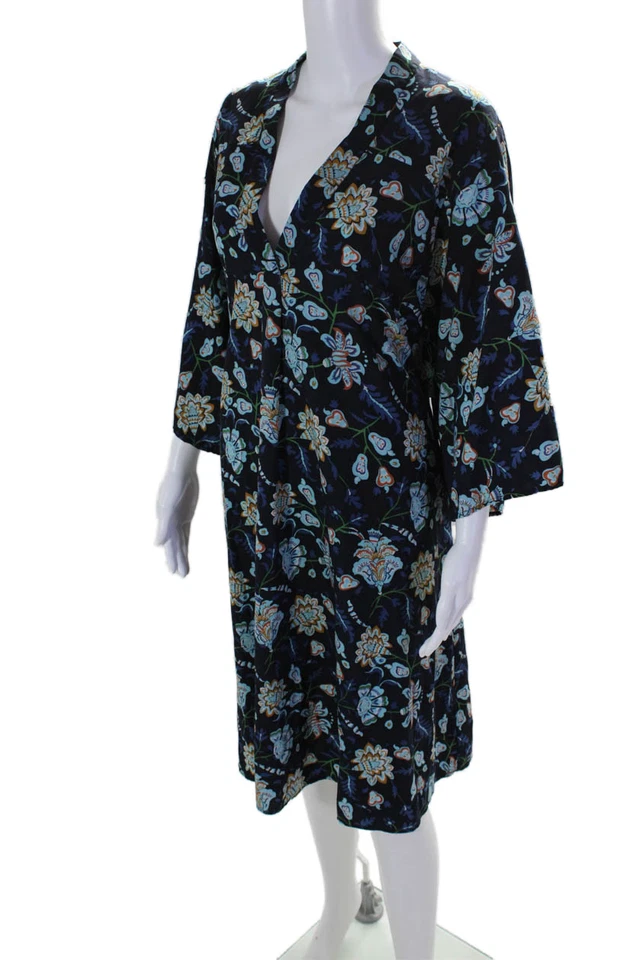 Tome NYC Womens Navy Floral V-neck Cut Out Back Short Sleeve Dress Size L - Image 2 of 4