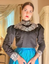 Gothic Victorian Reproduction Blouse Cotton Blend With Lace And White Yoke