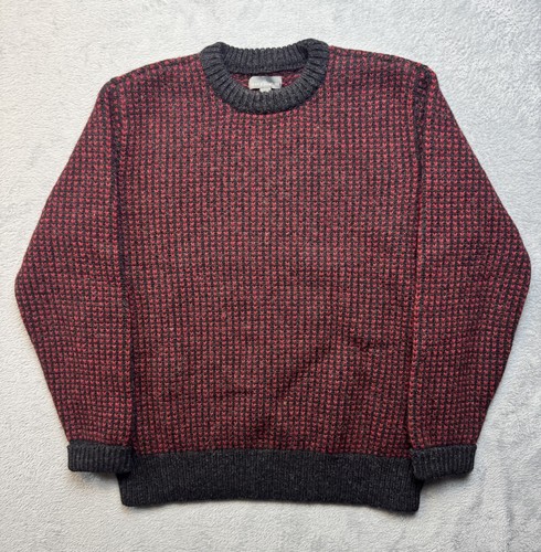 LL Bean Signature Men's Birds Eye Wool Fisherman Sweater Red Gray Sz Large VTG