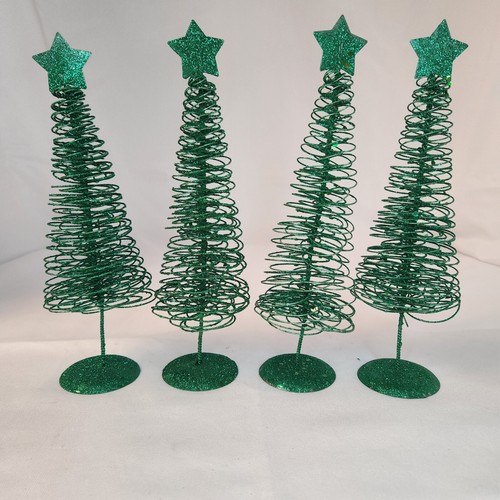 Green Glitter Wire Christmas Trees With Base 9" x 3" Set of 4 Holiday Decoration - Picture 2 of 9