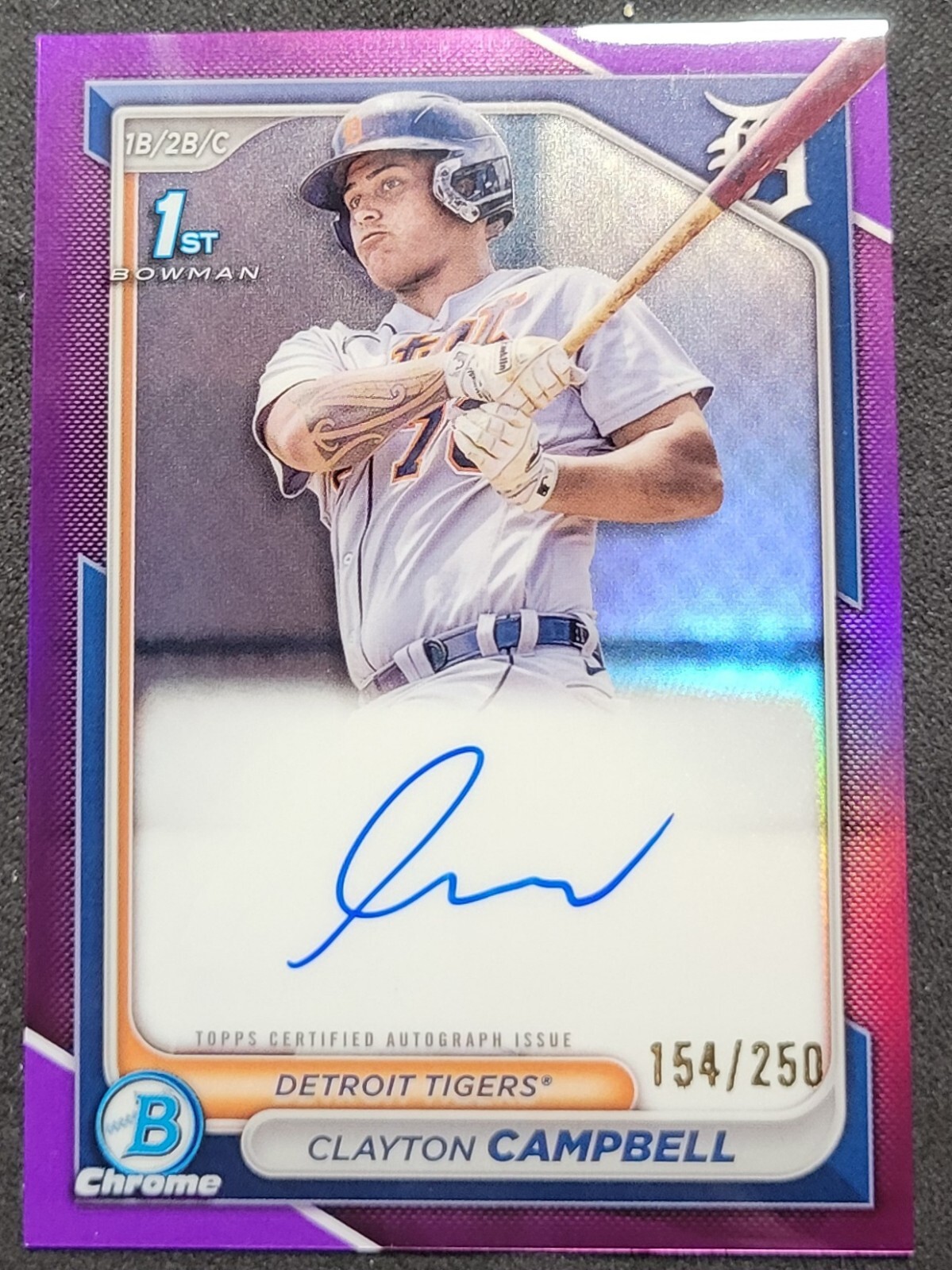 CLAYTON CAMPBELL 2024 BOWMAN CHROME 1ST BOWMAN PURPLE AUTO RC /250 TIGERS SPRC
