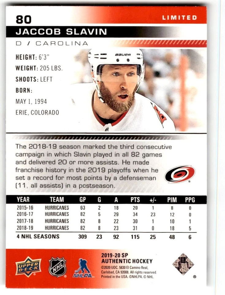 2019-20 SP Authentic Limited Red Jaccob Slavin #80 Carolina Hurricanes - Image 2 of 2