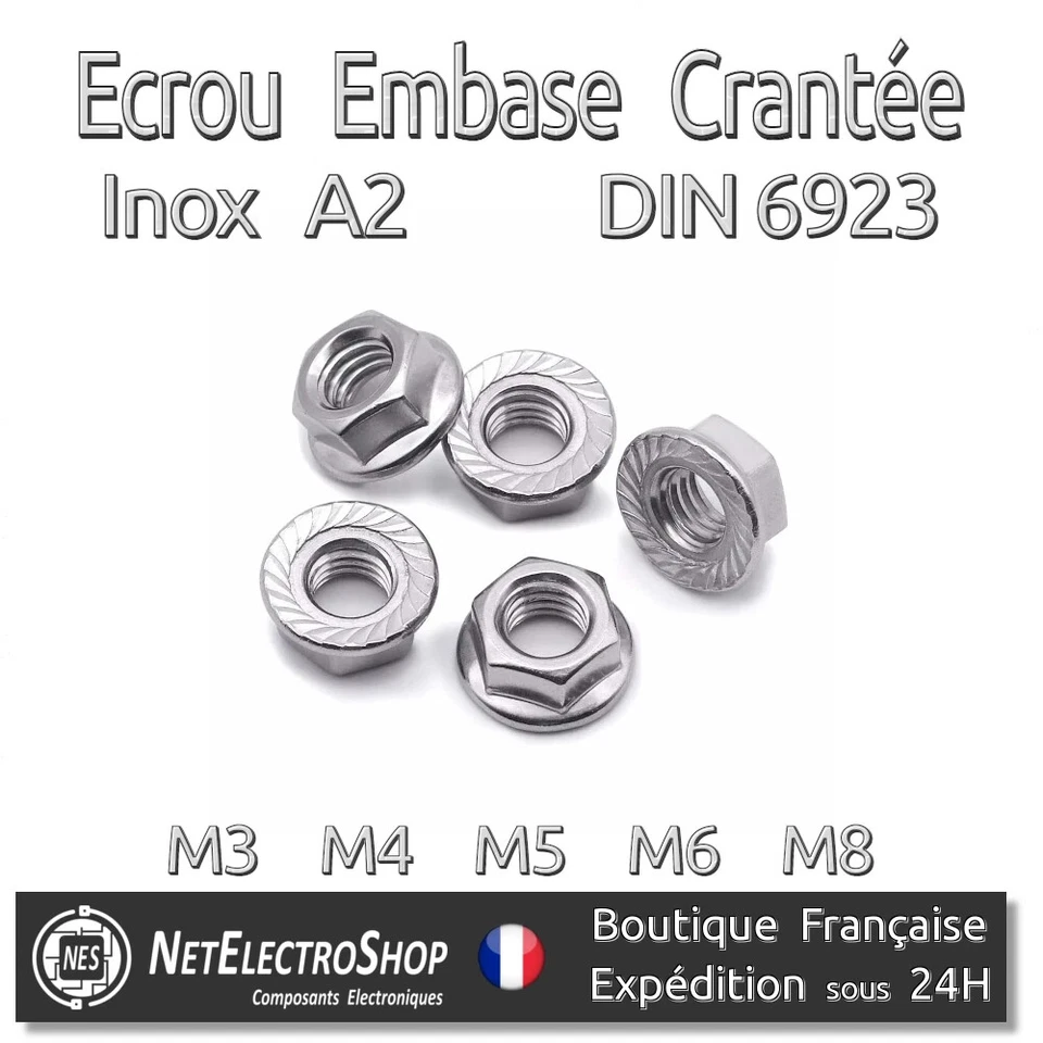 Ecrou Hexagonal Embase Crantée, Inox A2, DIN 6923, M3 M4 M5 M6 M8, 5 à 100 pcs