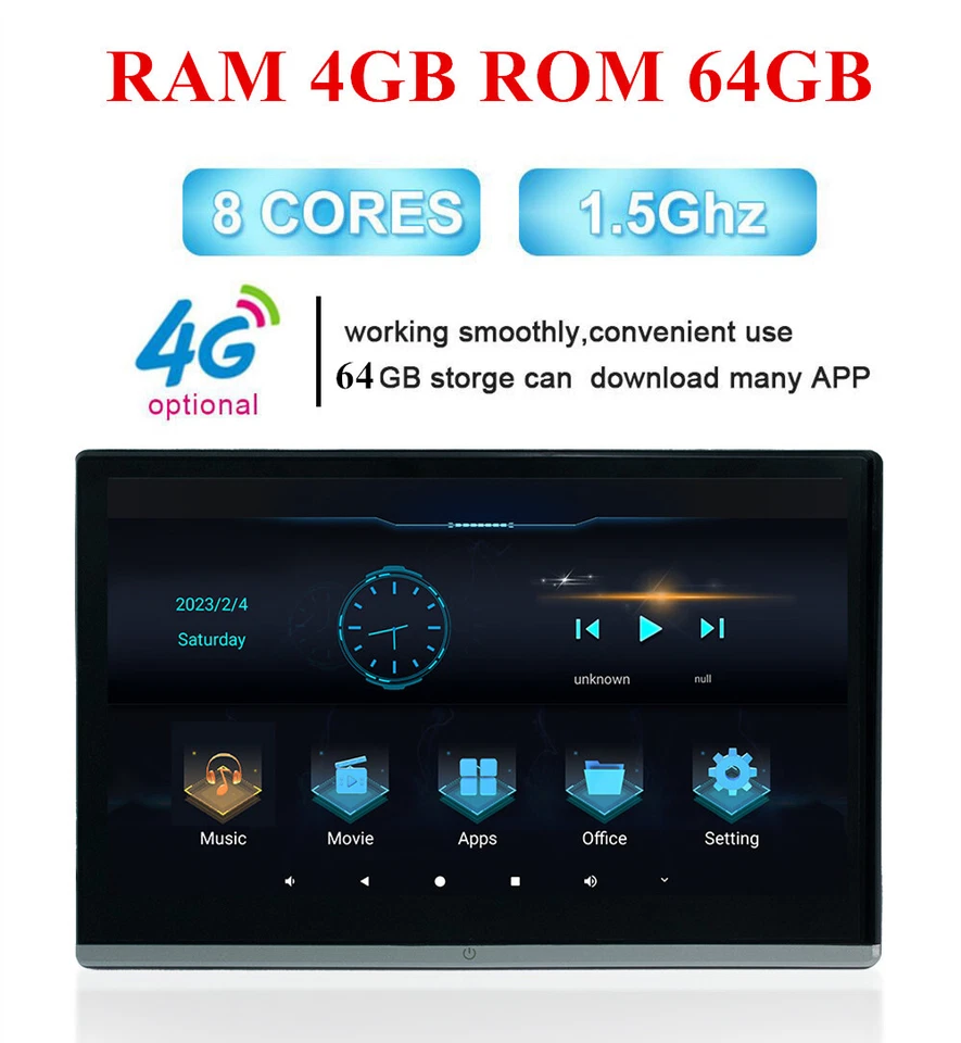 13.3''Car Rear Headrest TV Monitor 4+64GB WIFI Bluetooth Rotatable Screen Player - Image 3 of 4