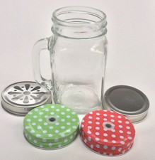 500ml Glass Mason Jar - Drinking Cup With Handle    - Select Lid Colour / Design