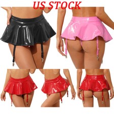 Women Faux Leather Wet Look Mini Skirts Ruffle Party Skirts w/Garter Belts