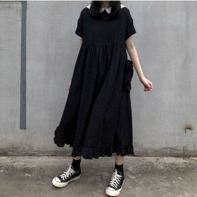 Japanese Style Girl Black Dress Plus Size Preppy Style Puff Sleeve Doll Collar
