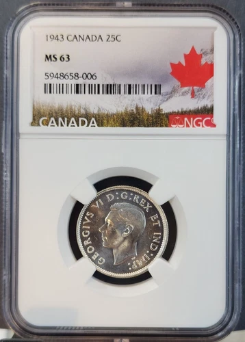 1943 CANADA SILVER 25 CENTS 25C GEORGE VI NGC MS 63 SCARCE BRIGHT COIN