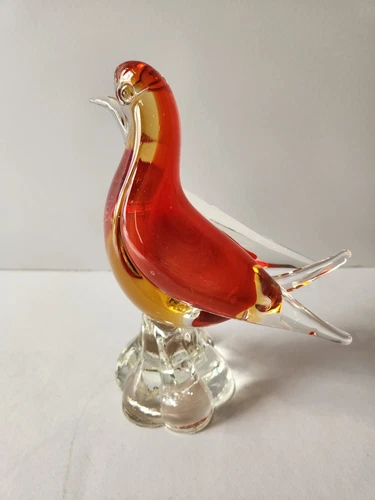 Vintage Murano Style Hand Blown Red Swallow Tail Dove On Clear Glass Base