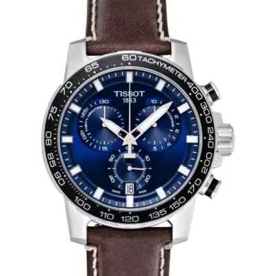 Tissot Supersport Chrono blaues Zifferblatt braunes Leder Herrenuhr T125.617....