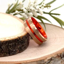 8mm Rose Gold & Orange Tungsten Wedding Ring Unique Grooved Brushed Polish Band