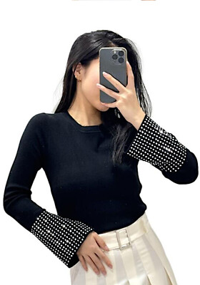 Chic Womens Sweater Long Sleeve Flare Rhinestone Round Neck New 3265