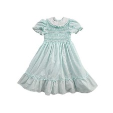 Y2K Polly Flinders Smocked Dress Girls 6X Mint Green Polka Dot Vintage Ruffle