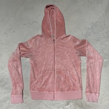 Vintage Y2K Women's Juicy Couture Pink Velour Hoodie Sweatshirt SZ L Full Zip