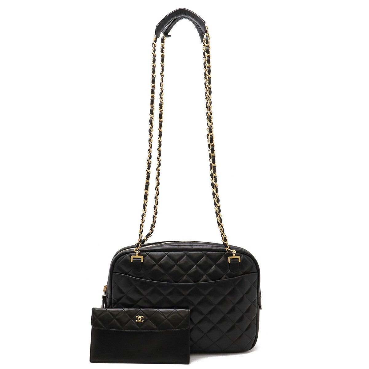 CHANEL Matelassé Lambskin Leather Chain Shoulder Tote Bag Black Gold