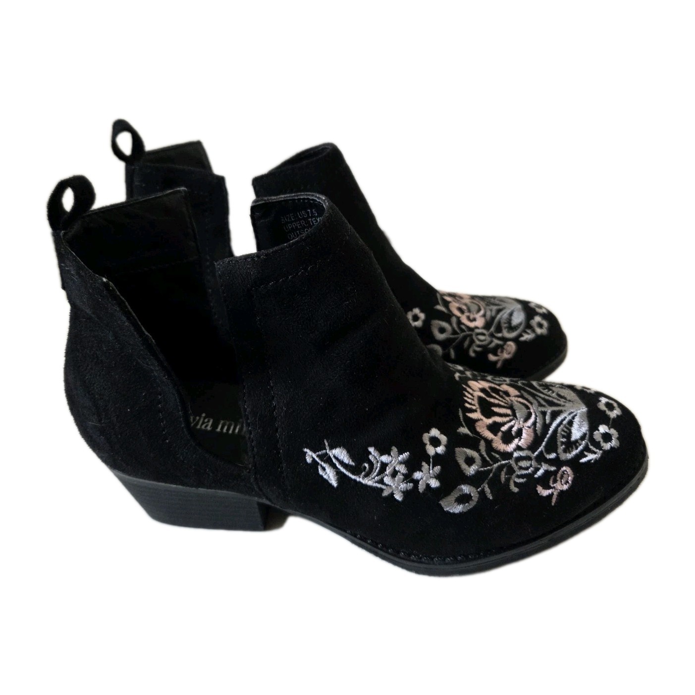 Olivia Miller Black Embroidered Faux Suede Ankle Boots Women's Size 7.5