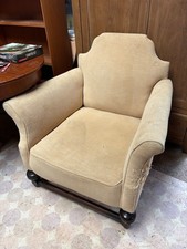 Vintage Antique Beige Armchair Wooden Frame Sprung Base - needs some TLC