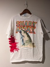 Vintage 90s Shark Attax Graphic T Shirt Mens L Calcru USA Made