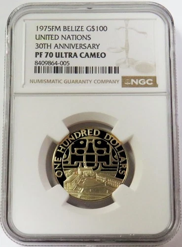 1975 FM GOLD BELIZE $100 UNITED NATIONS 30th ANNIVERSARY NGC PF 70 UC