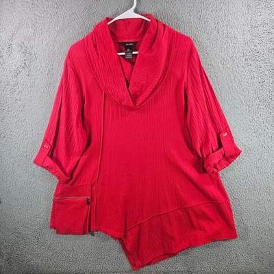 Ali Miles Womens Red Cowl Neck Asymmetrical Sharkbite Tunic Top Large Zip Pocket