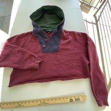 Vintage Cropped Hoodie Tunic Neck Button Cropped Colorblock Hong Kong Sz M