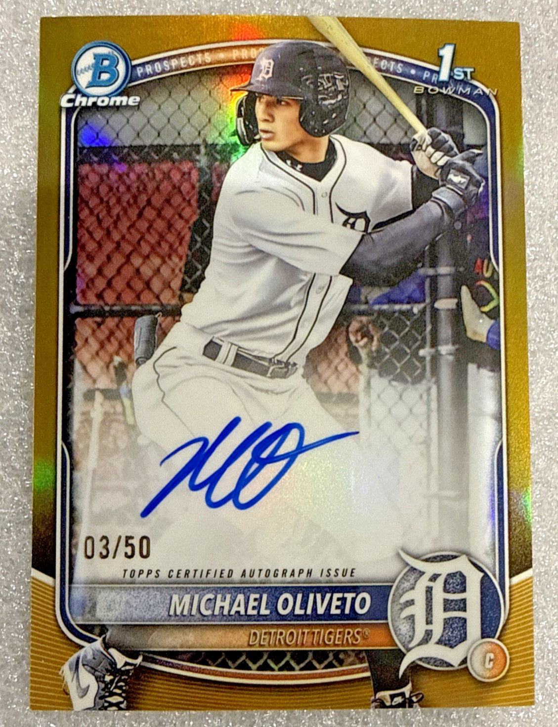 Michael Oliveto 2025 Bowman Draft #CPA-MO Tigers 1st Chrome True Gold #/50 Auto