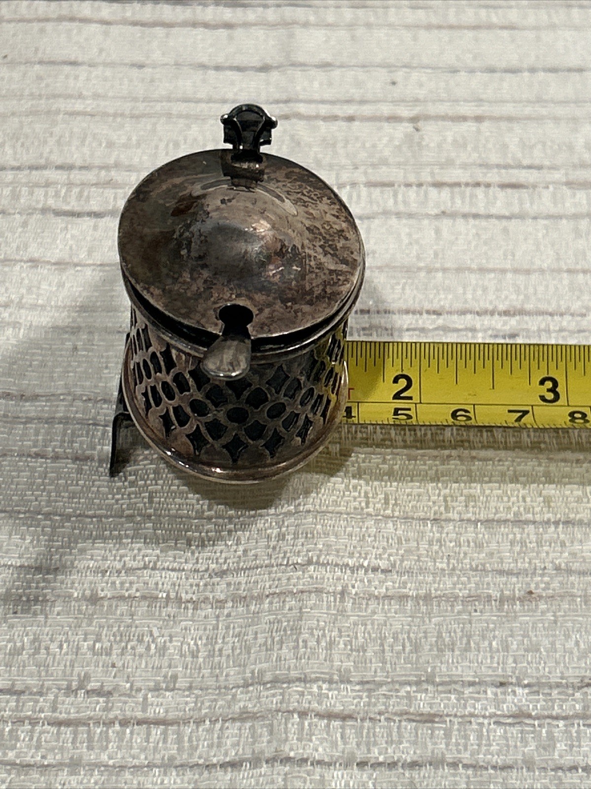 English Mustard Container W/Silver Plated Spoon~Lined With Cobalt Blue Glass