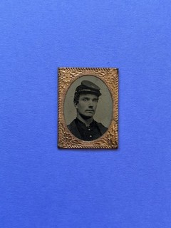 antique CIVIL WAR SOLDIER Gem Tintype Photograph w/ Brass Frame US MILITARY