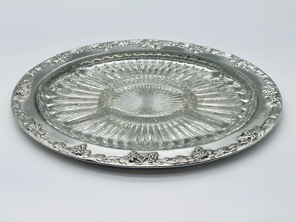 Impresionante plato para servir vintage Gorham plateado con inserto de vidrio dividido Foto 4 de 4