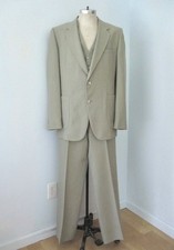 Vtg 70s Sage Green Disco Pimp Poly 3-Pc Vest Suit Flare Leg No Belt Pants 42L