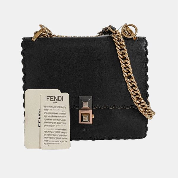 Authentic FENDI Kan I Black Calfskin Leather Small Shoulder Crossbody Chain Bag