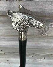 Classic Style Silver Wolf Head Brass Handle Black Wooden Walking Stick Cane New