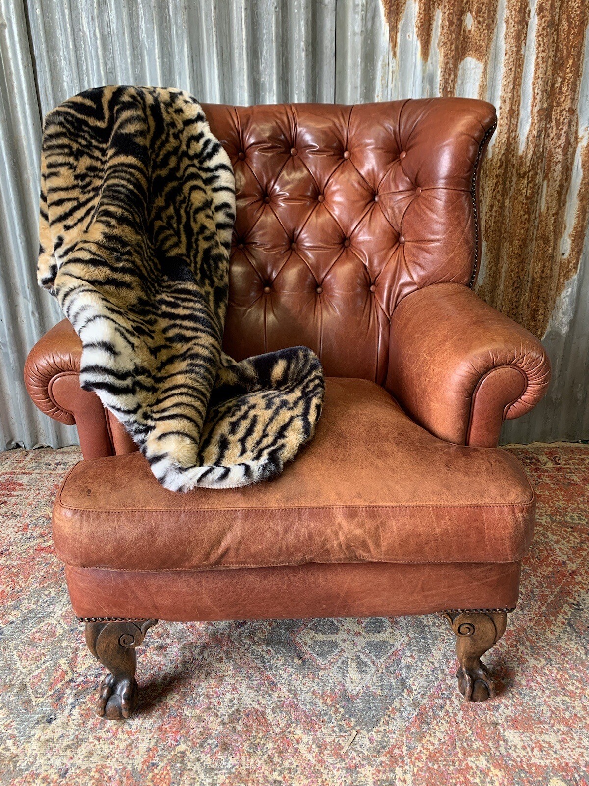 Antique Style Tetrad Blake Brown Leather Wingback Armchair Ball Claw