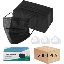 100/200/500/1000/1950 Disposable Black Face Mask 3 Ply Masks + Mouth Bracket