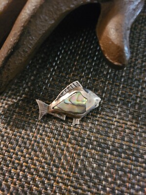 VINTAGE STERLING SILVER ABALONE PAUA SHELL FISH BROOCH JELLY BELLY 925 ...