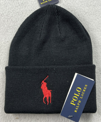 Polo Ralph Lauren Big Pony Cuffed Beanie Hat Black Red