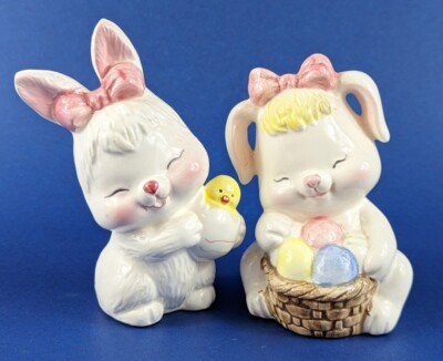 Vintage Brinns Ceramic Easter Bunny Figurines Made In Taiwan
